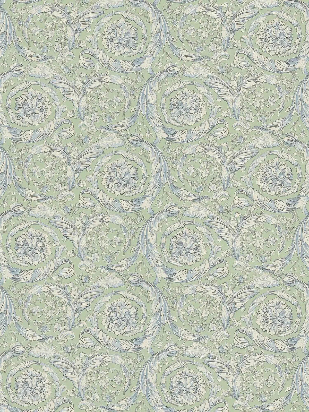 Papel pintado no tejido VERSACE de estilo barroco Floral ligero brillo fondo liso, muestra texturizada - verde, blanco, azul