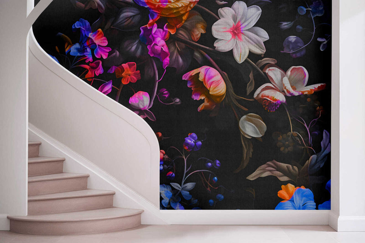Fotomural Walls by Patel - neonbloom2 - Stylish plant world with floral elements in textile look - black, blue