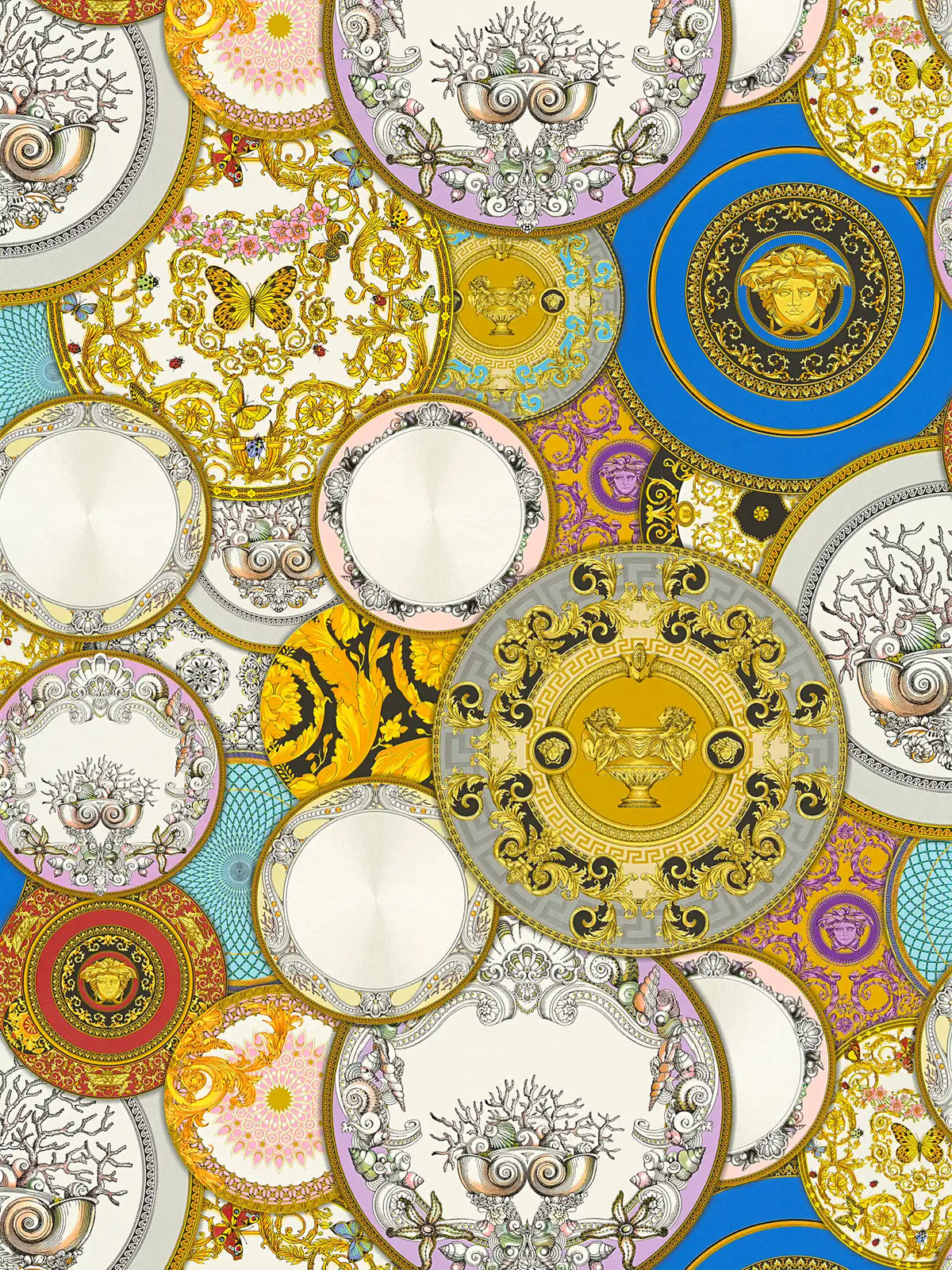 Papel pintado VERSACE con diseño de medallas y efecto dorado - multicolor, metálico