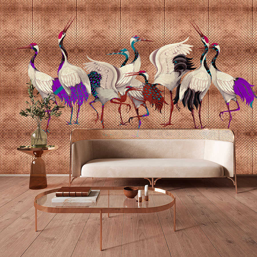 Fotomural Walls by Patel - Land of Happiness 2 - Metallic copper wall mural with colourful crane motif