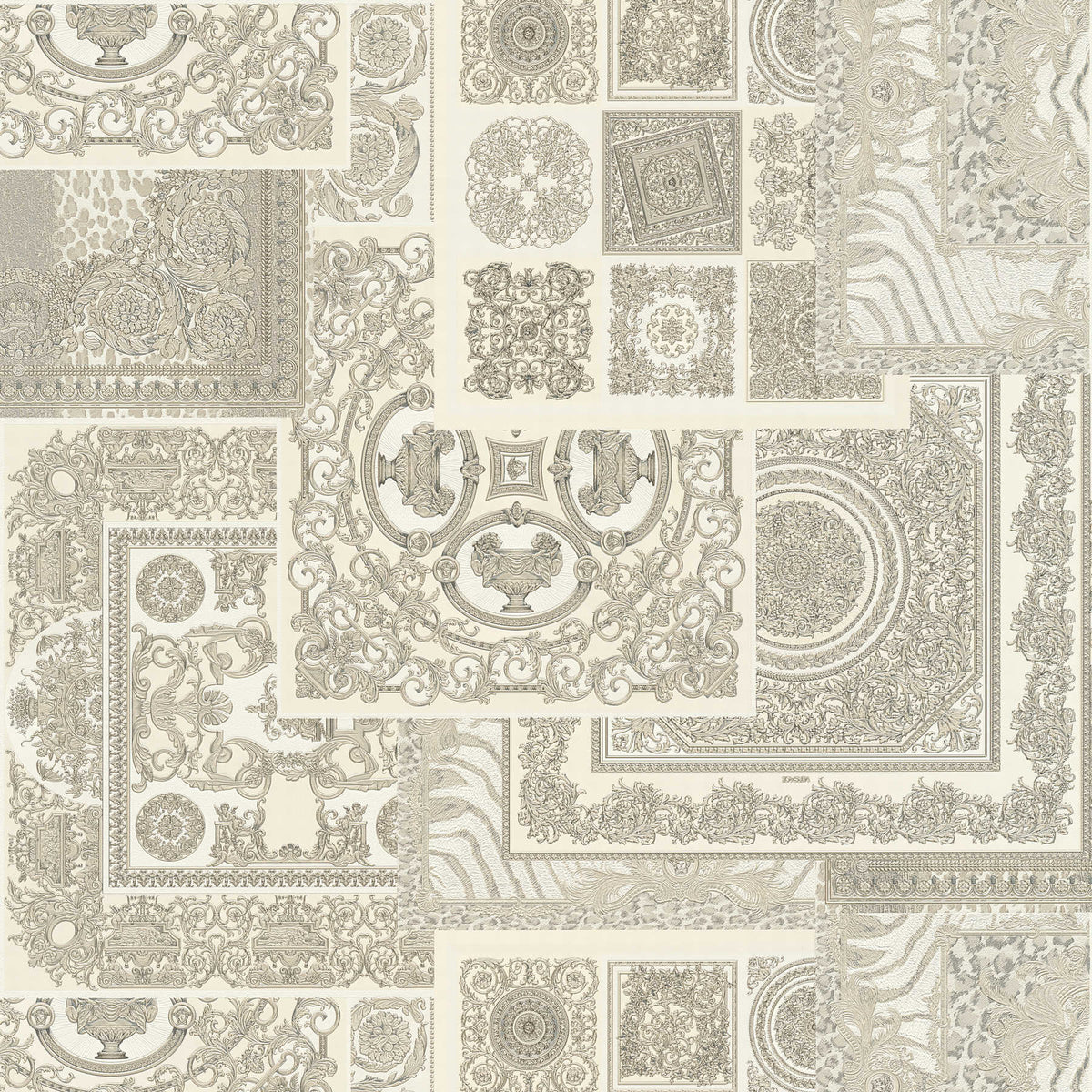 Papel pintado VERSACE Home detalles barrocos y estampado animal - plata, gris, blanco