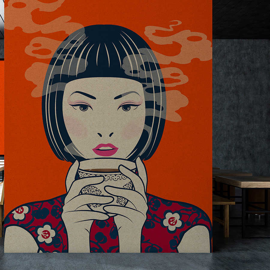 Fotomural Walls by Patel - Akari 2 - Time for Tea, Manga Style in Cardboard Texture on Wallpaper - Beige, Orange