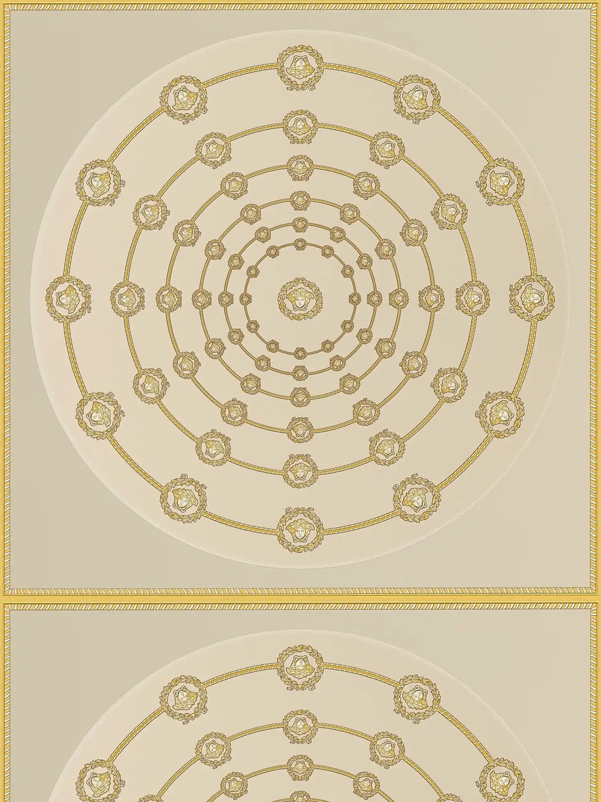 Papel pintado no tejido VERSACE con adornos decorativos en forma de círculo de Medusa ligeramente brillante ligeramente texturizado - beige, gris, dorado
