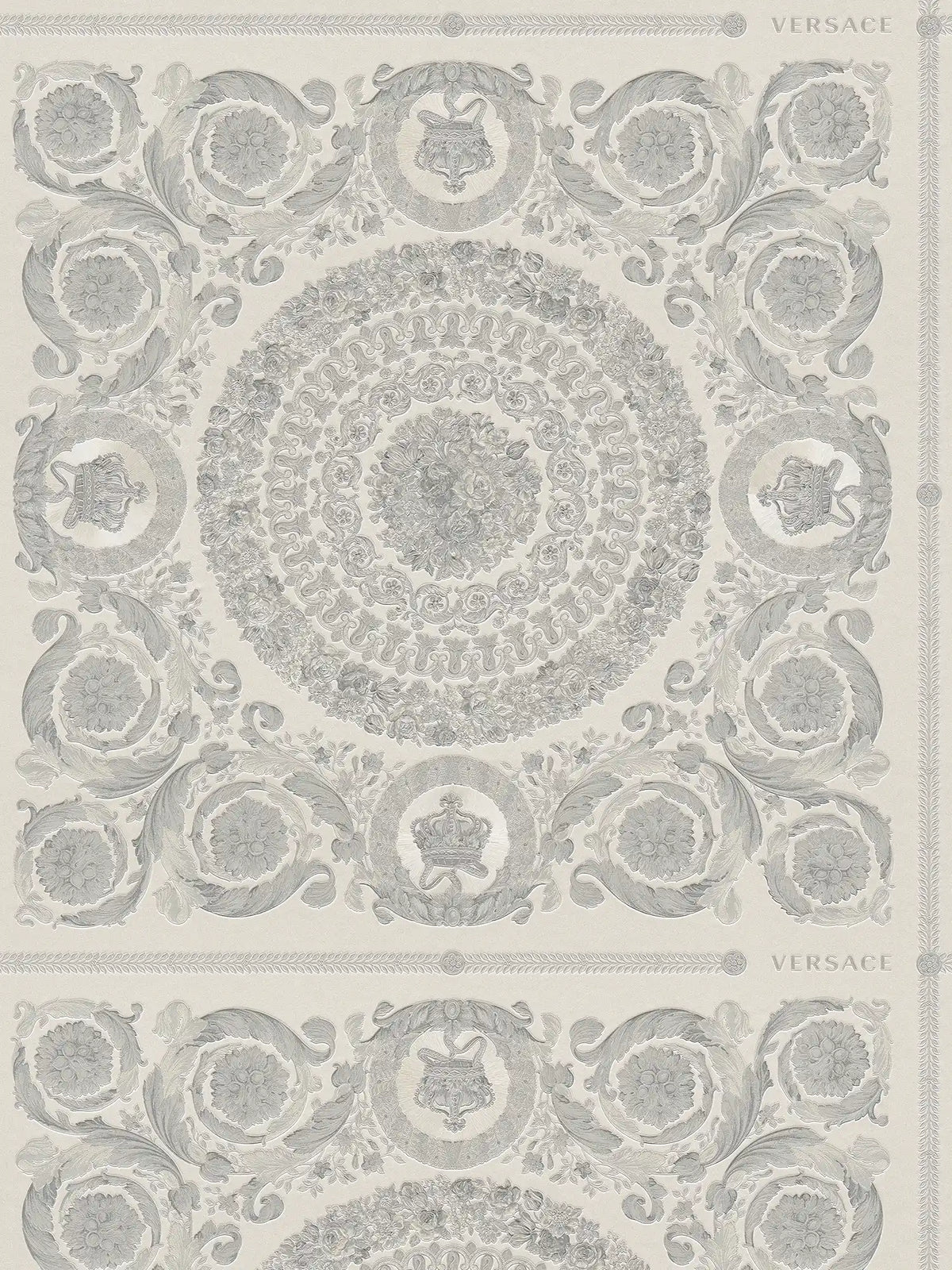 Lujoso papel pintado VERSACE Home Crowns & Roses - Plata, Gris