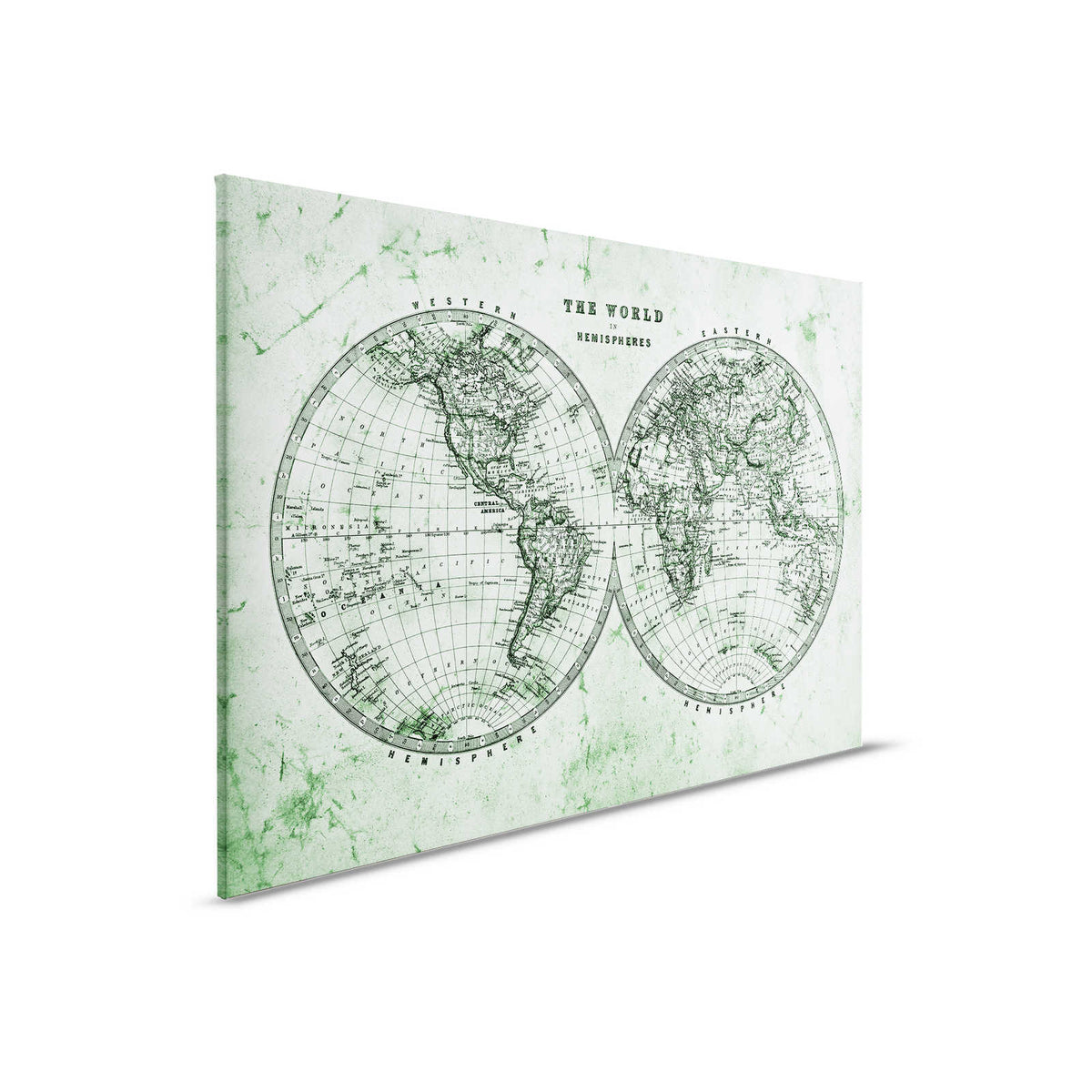 Lienzo con mapamundi vintage en hemisferios | verde, gris, blanco