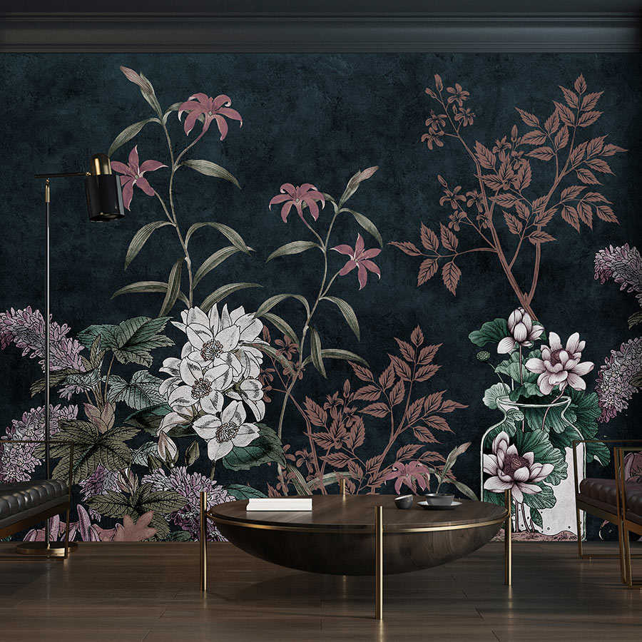 Fotomural Walls by Patel - Dark Room 2 - Black Wallpaper Botanical Pattern Pink