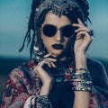 Fotomural Walls by Patel - La bohème 1 - Photo wallpaper with woman in boho style on natural linen structure - Blue, Brown