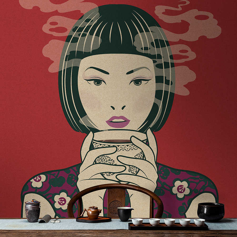 Fotomural Walls by Patel - Akari 1 - Time for tea, manga style on photo wallpaper - cardboard structure - Beige, Red