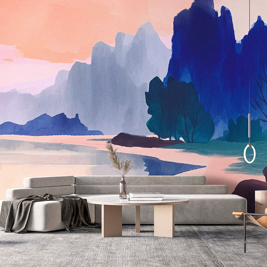 Fotomural Walls by Patel - Photo wallpaper »aurora« - Landscape with lake at sunset - Blue, Pink