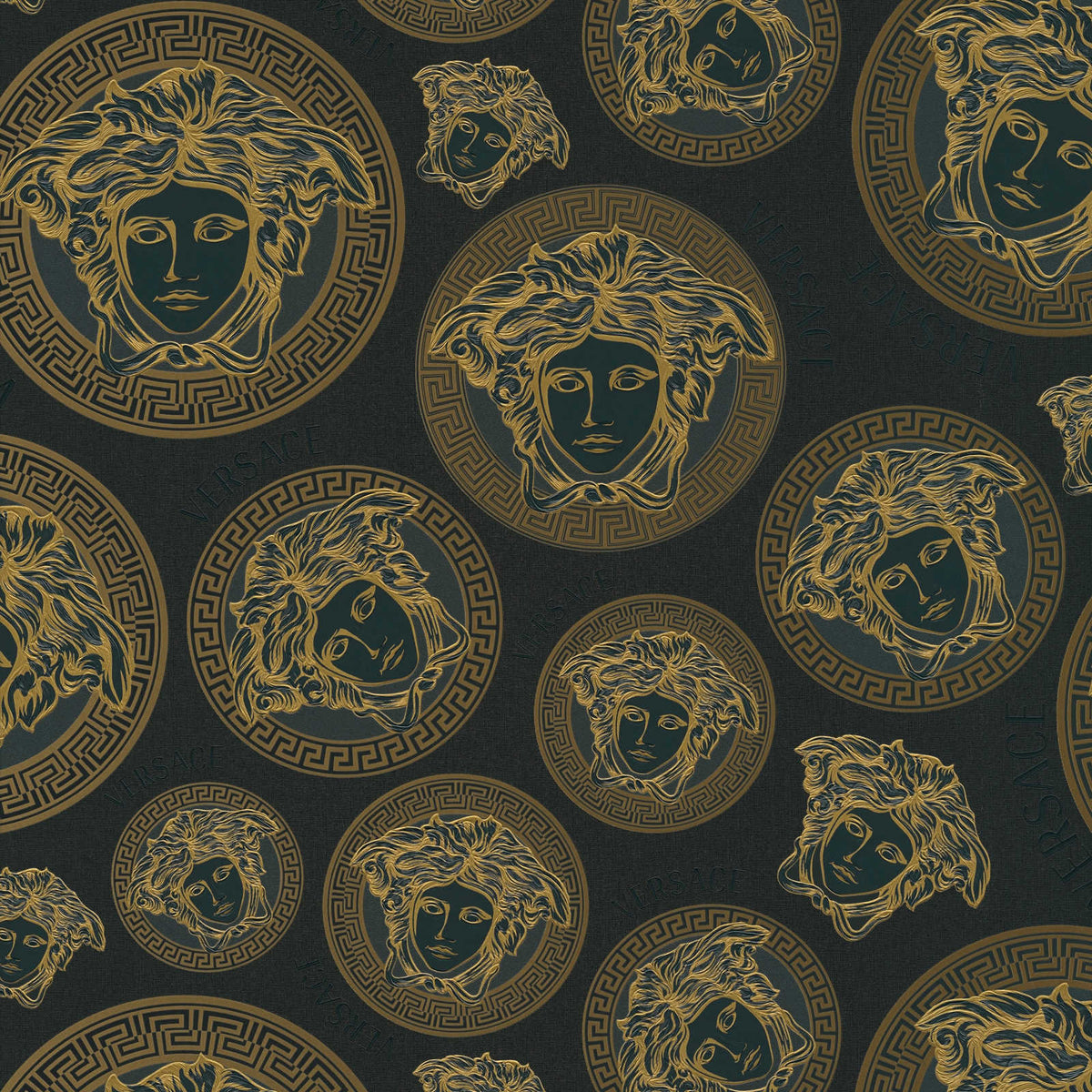 Papel pintado VERSACE negro y dorado con motivo de Medusa