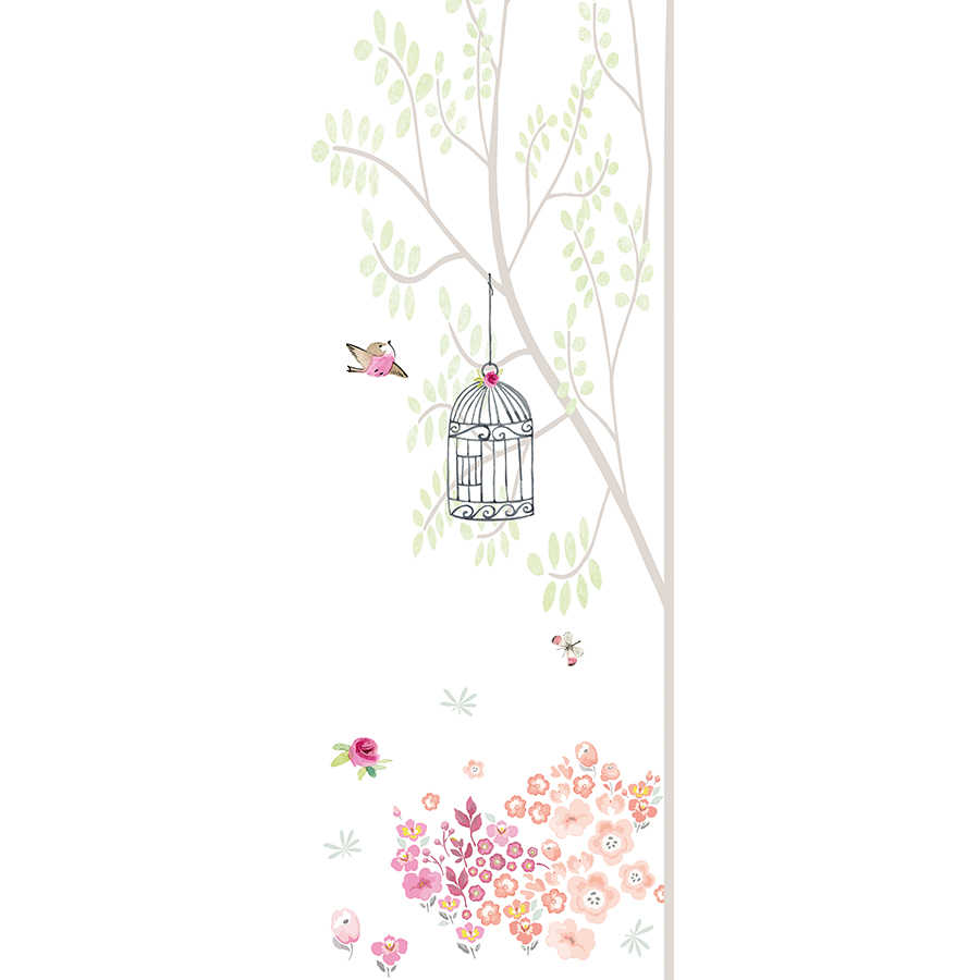 Fotomural Panel XXL 5 - Children mural tree with birdcage and flowers on premium smooth non-woven