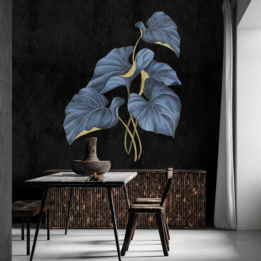 Fotomural Walls by Patel - Fiji 1 - Black mural blue leaves with gold accent