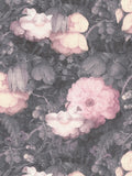 Papel pintado floral estilo pintura, aspecto de lienzo - gris, rosa, negro