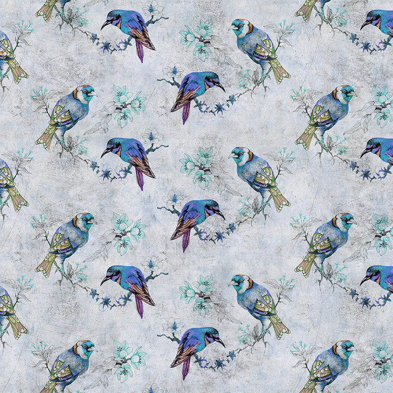 Fotomural Walls by Patel - Love birds 1 - Photo wallpaper bird pattern in drawing style in scratch texture - Blue, Grey