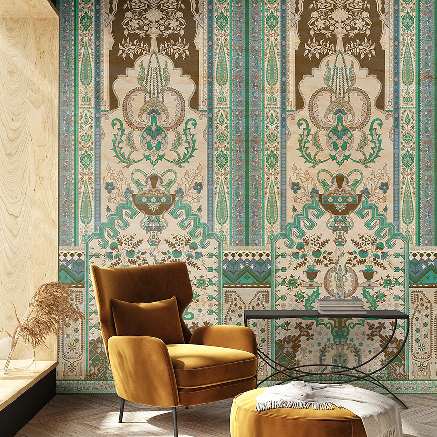 Fotomural Walls by Patel - Photo wallpaper »tara« - Ornamental panelling with plywood texture - Green, beige