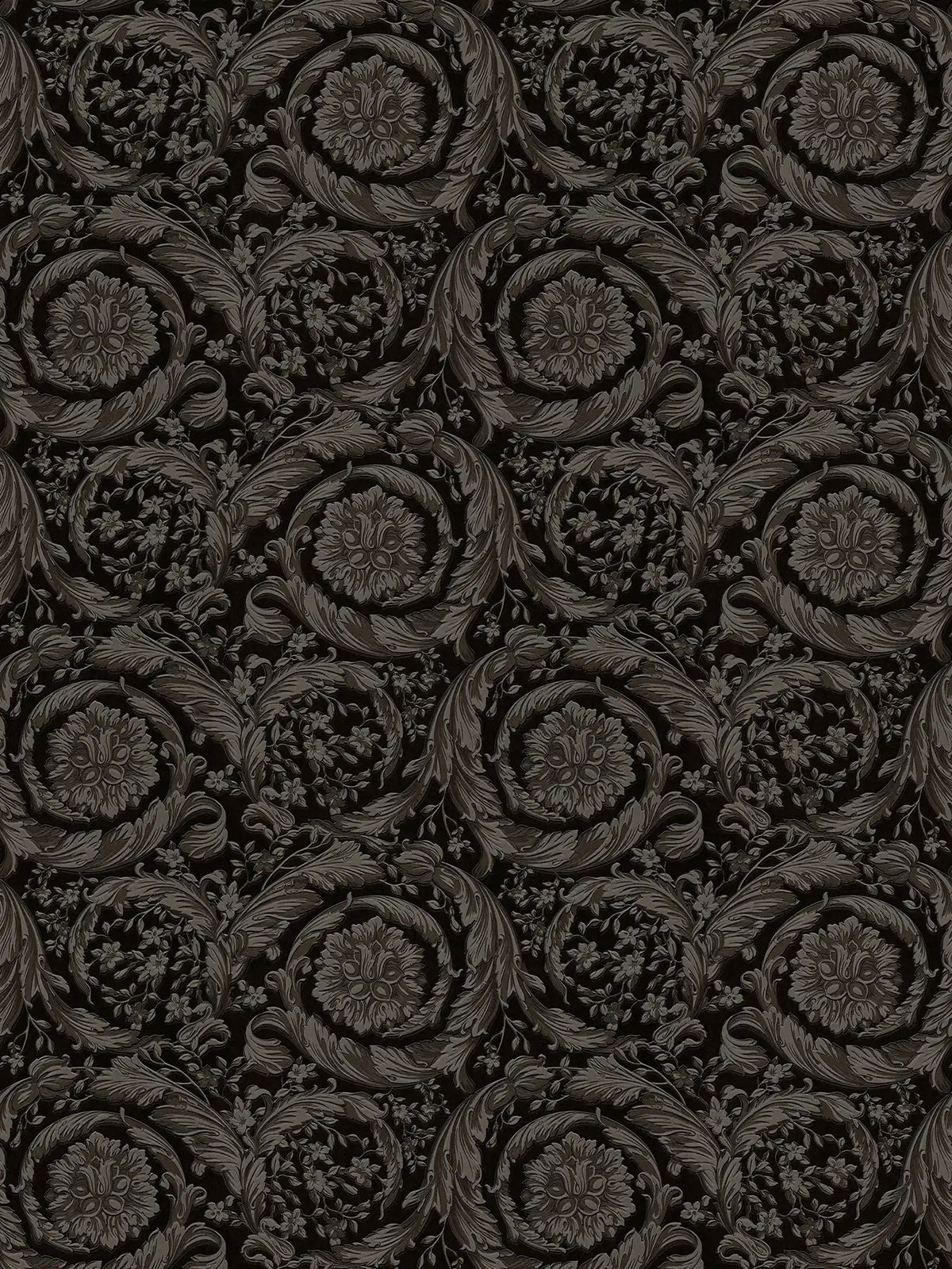 Papel pintado no tejido VERSACE con lujosos adornos florales y hojas fondo ligeramente brillante liso, muestra con textura - gris, negro