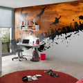 Fotomural Panel XXL 5 - Grafitti photo wallpaper freestyle skier with skyline on premium smooth vinyl
