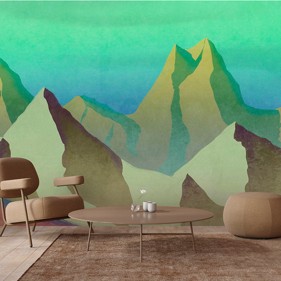 Fotomural Walls by Patel - Photo wallpaper »altitude 2« - Abstract mountains in green with vintage plaster texture - Smooth, slightly shiny premium non-woven fabric