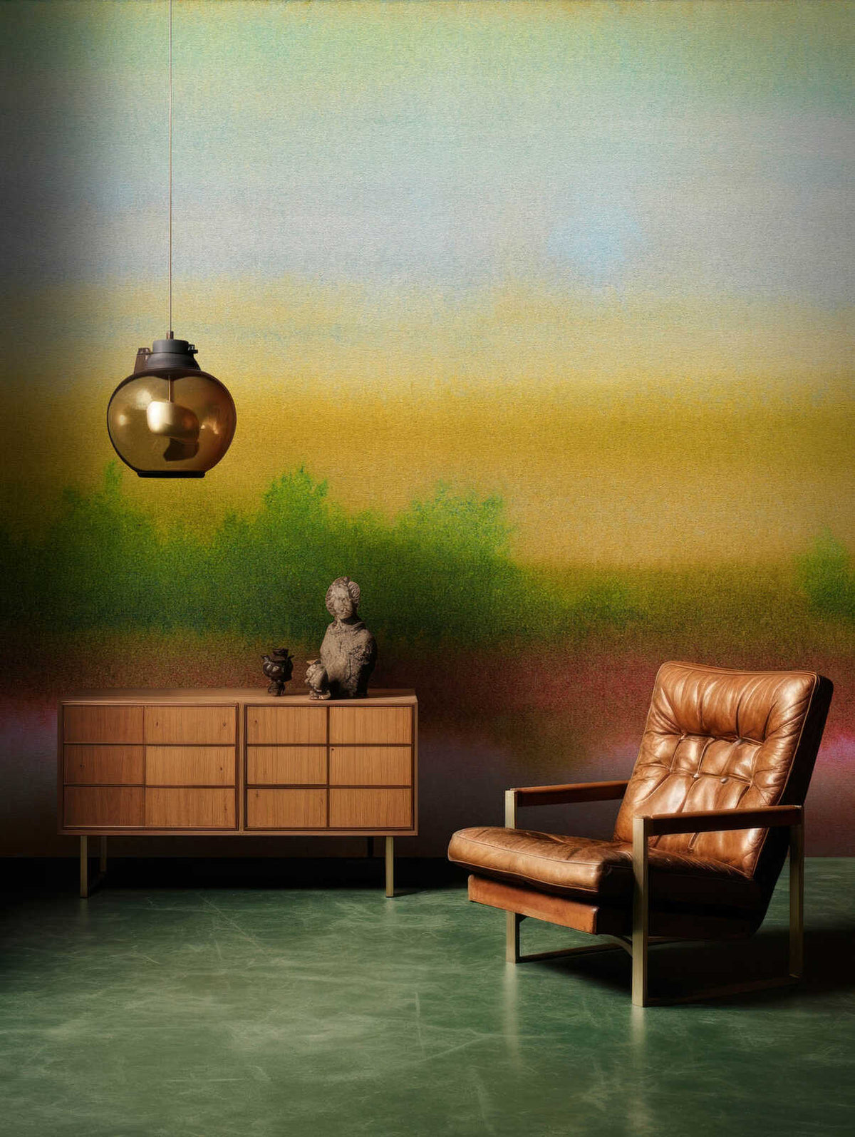 Fotomural Walls by Patel - lumo3 - Graphic landscape wallpaper with calm charisma in canvas look - green, yellow