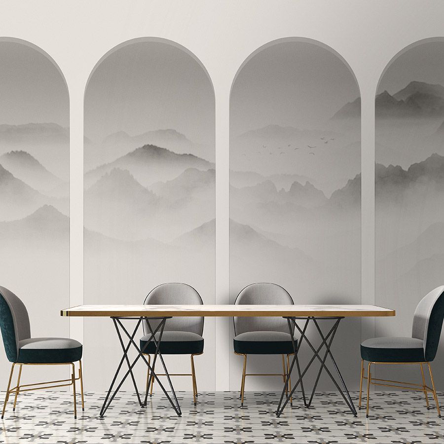 Fotomural Walls by Patel - Photo wallpaper »valley« - mountains & fog in curves - grey, white