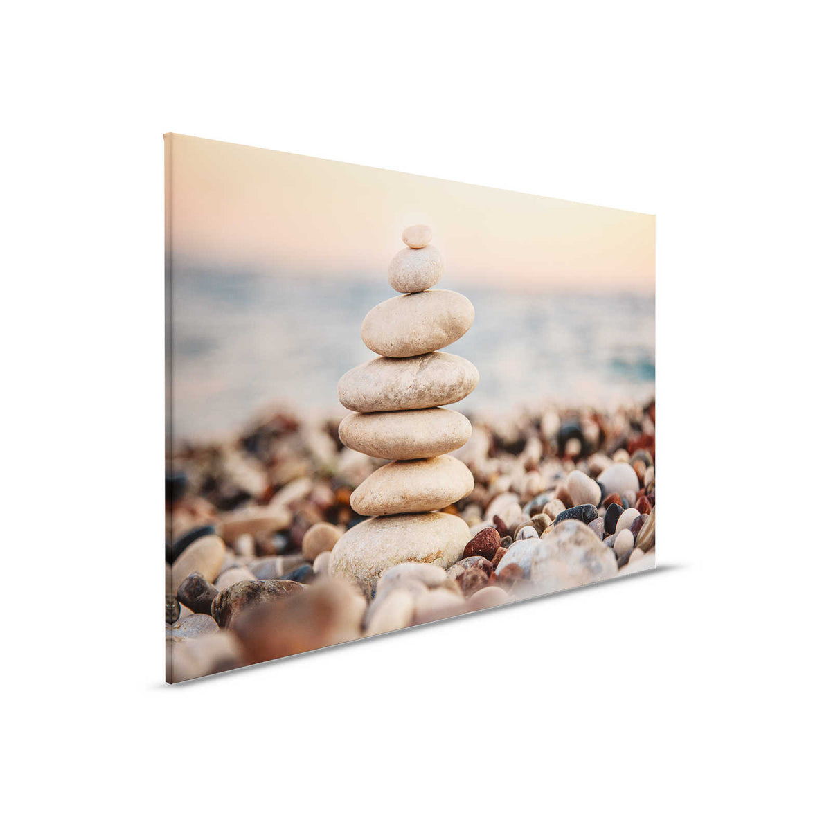 Lienzo con torre de piedra junto al mar | gris, azul, naranja
