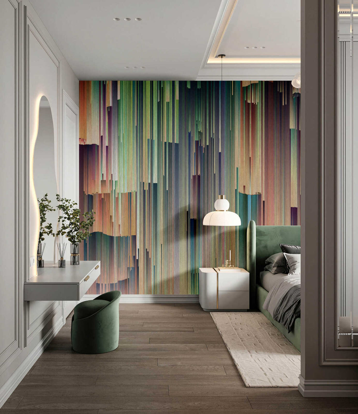 Fotomural Walls by Patel - spectrum3 - Photo wallpaper overlaid surfaces in calm vertical movement in textile look - green, orange