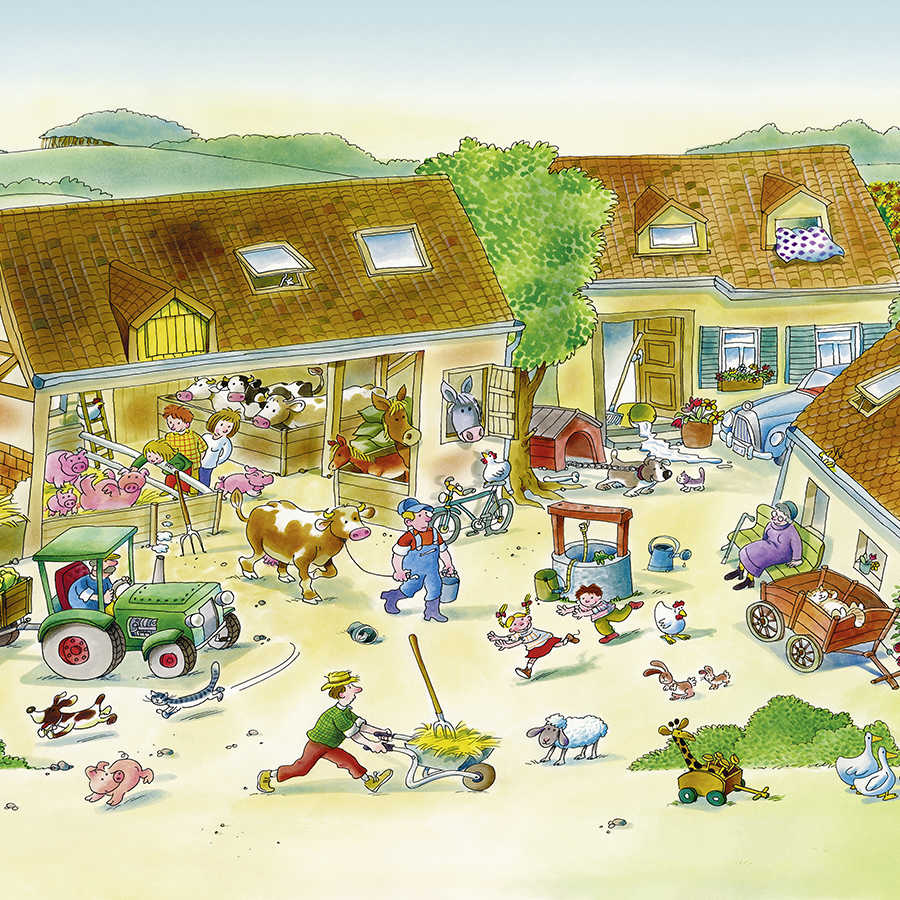 Fotomural Children mural farm with animals in brown and green on premium smooth fleece - XXL 3